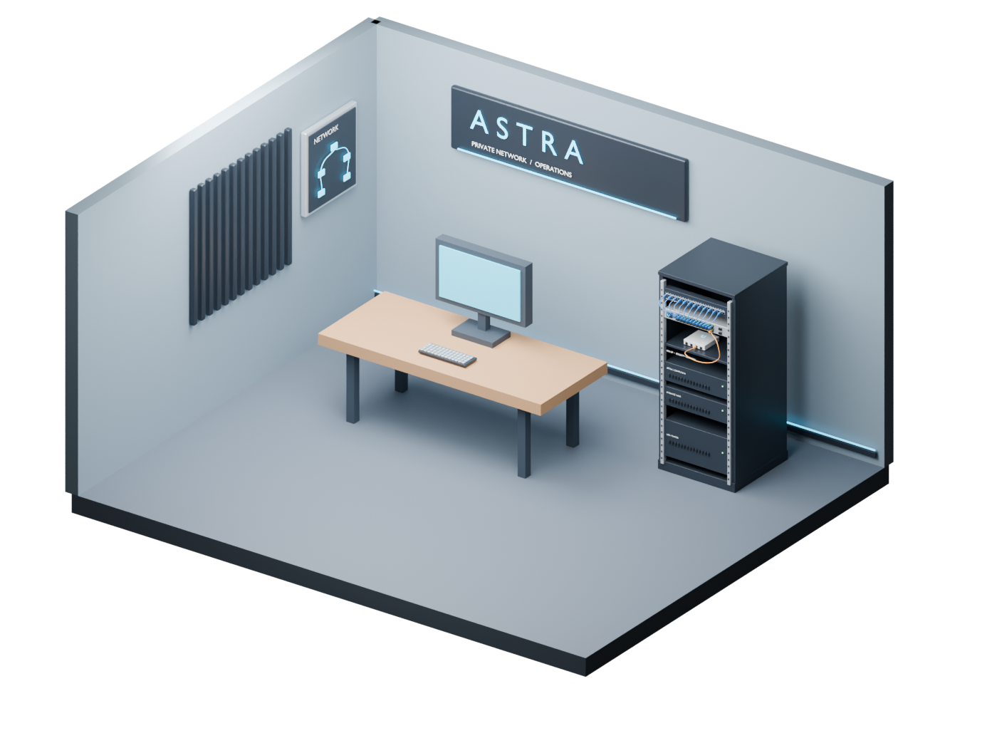 Your Blender room with an Astra wall sign, a desk and monitor, and the Ubiquiti network rack.